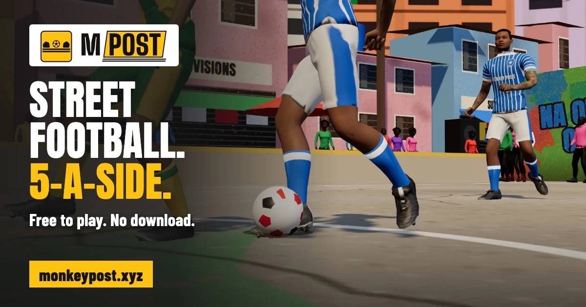 Official Monkey Post artwork with street football players in a five-a-side match.