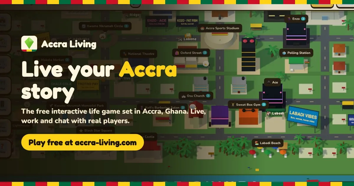 Official Accra Living artwork showing a 3D map of Accra with Makola Market, Osu Castle and Labadi Beach.